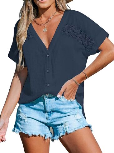 CUPSHE Women Tops V-Neck Blouses Short Sleeves Lace Shirt Front Futton Tee Casual Summer in Saudi Arabia