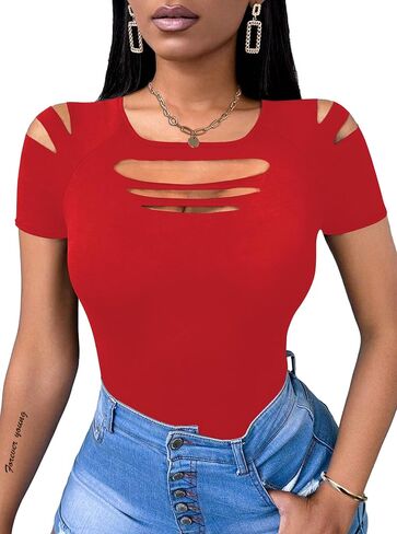 Hilinker Women's Cut Out Cold Shoulder Tops Cute Summer Sexy Short Sleeve Shirts in Saudi Arabia