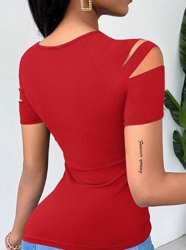 Hilinker Women's Cut Out Cold Shoulder Tops Cute Summer Sexy Short Sleeve Shirts in Saudi Arabia