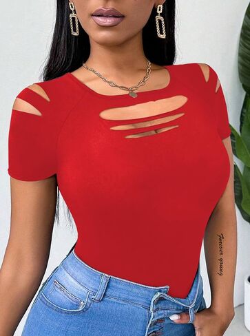 Hilinker Women's Cut Out Cold Shoulder Tops Cute Summer Sexy Short Sleeve Shirts in Saudi Arabia