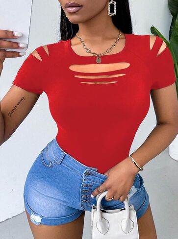 Hilinker Women's Cut Out Cold Shoulder Tops Cute Summer Sexy Short Sleeve Shirts in Saudi Arabia