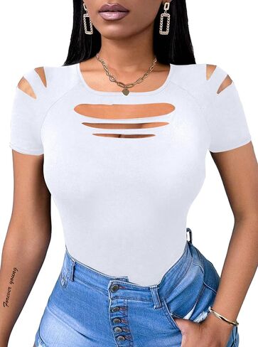Hilinker Women's Cut Out Cold Shoulder Tops Cute Summer Sexy Short Sleeve Shirts in Saudi Arabia