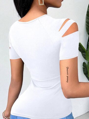 Hilinker Women's Cut Out Cold Shoulder Tops Cute Summer Sexy Short Sleeve Shirts in Saudi Arabia