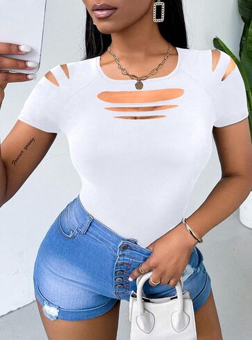 Hilinker Women's Cut Out Cold Shoulder Tops Cute Summer Sexy Short Sleeve Shirts in Saudi Arabia