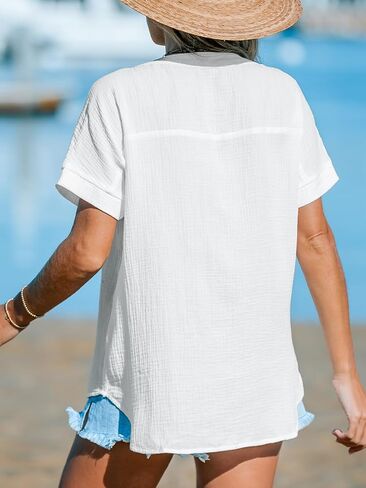 CUPSHE Women Tops V-Neck Blouses Short Sleeves Lace Shirt Front Futton Tee Casual Summer in Saudi Arabia