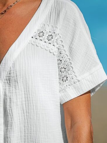 CUPSHE Women Tops V-Neck Blouses Short Sleeves Lace Shirt Front Futton Tee Casual Summer in Saudi Arabia