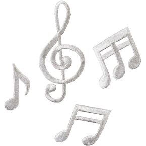 #E02404 Dancing Music Notes Iron On Embroidered Applique Patch by ETDesign (Silver Color)