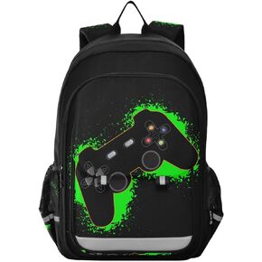 Green and Black Video Game Backpack Girls Boys Elementary School Bags Bookbags Laptop Backpack Travel Daypack Safe Reflective Stripes