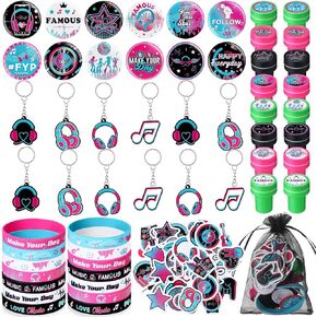 Capoda 110 Pcs Music Party Favor Supplies Kit Media Theme Gift Bag Filler Silicone Bracelets Button Pins Music Keychains Stampers Stickers for Boys Girls Birthday Party Decorations Supplies