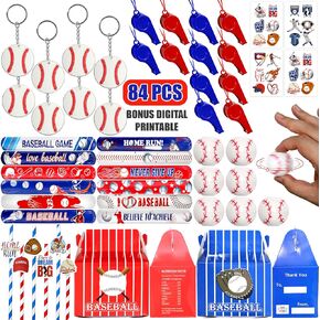 84 Pcs Baseball Party Favors - 12 Set Treat Box Keychains Baseball Wristbands Whistle Straw and Stickers for Boys Birthday Party Supply Classroom Rewards