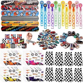 Vanblue 110Pcs Race Car Party Favors Themed Birthday Decorations Supplies Straw Bubble Slap Bracelet DIY Sticker Toy Gift for Boy Kids Treat Candy Bags Stuffers Classroom Rewards