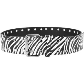Women's Faux Leather Waist Belt Zebra Print Double Studded Holes Punk Waistband for Jeans Pants Dress