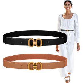 XZQTIVE 2 Pack Skinny Elastic Belt for Women Thin Stretch Waist Belt Ladies Dress Belt with Gold Buckle for Jeans Pants