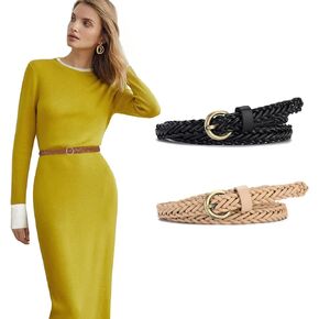 2 Pack Skinny Thin Braided Belts for Women Dresses Woven Waist Belts for Jeans