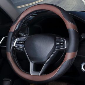 Leather Steering Wheel Cover,Durable,Breathable,Anti-Slip Comfortable Universal 38cm/15 Inches for Car Truck SUV Jeep (Coffee-Black)