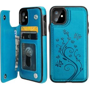 iPhone 11 Case Wallet with Card Holder, Vaburs Embossed Butterfly Premium PU Leather Double Magnetic Buttons Flip Shockproof Protective Cover for iPhone 11 6.1 Inch(Blue)