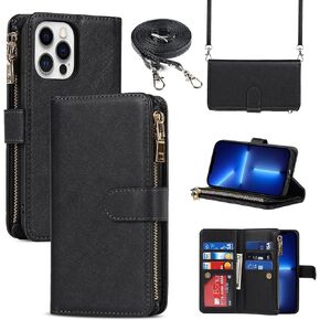 Jaorty iPhone 13 Pro Phone Case Wallet for Women Men with Card Holder, iPhone 13 Pro Crossbody Case with Strap Shoulder Lanyard, Zipper Pocket PU Leather Cases for iPhone 13 Pro,6.1 Inch Black