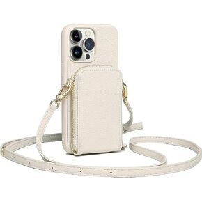 Anyos Crossbody Wallet Case for iPhone 14 Pro, [6 Card Slots] Leather Zipper Purse Phone Case with RFID Blocking Card Holder Wrist Strap Handbag Case Women for iPhone 14 Pro 6.1 inch-Beige