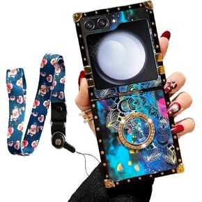 nancheng for Samsung Galaxy Z Flip 5 Case for Girls Women Stylish Luxury Design Cases for Galaxy Z Flip 5 Phone Case with Ring Stand Holder + Strap Lanyard Shockproof Protection Cover