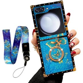 nancheng for Samsung Galaxy Z Flip 5 Case for Girls Women Stylish Luxury Design Cases for Galaxy Z Flip 5 Phone Case with Ring Stand Holder + Strap Lanyard Shockproof Protection Cover
