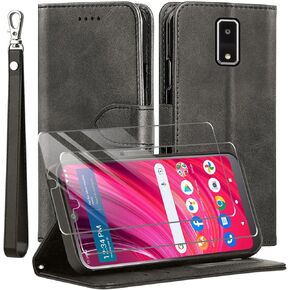 for BLU View 4 Case and Tempered Glass Screen Protector, PU Leather Flip Cover Wallet Phone Case Protector [Full Protection] [Card Slots] [Kickstand] for BLU View 2 2023, Black