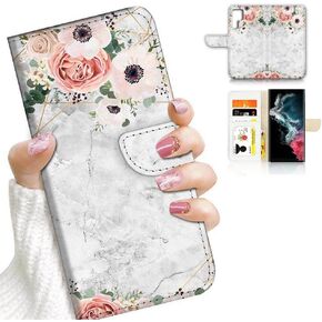 for Samsung S22 Ultra, Samsung Galaxy S22 Ultra, Art Designed Flip Wallet Style Cover Case Flower Butterfly Painting Full Body Protection AD003 (#24886 Purple Rose Flower s22u)