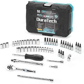 DURATECH 1/4" Socket Set, 51 Piece Tool Set Including Standard(SAE) and Metric Sockets, Bit Sockets, Ratchet and Universal Joint