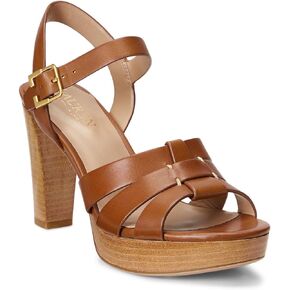 صندل لورين رالف لورين بكعب صوفيا للنساء - جزء علوي من الجلد بأشرطة - نعل داخلي مبطن - كعب مكدس عميق سرج تان 9.5 B - متوسط in Kuwait