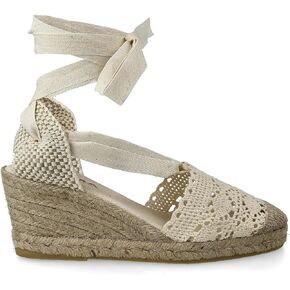 Women Medium Wedge Crochet Sandals. Made in Spain. Espadrilles with Medium Height. Ankle Lace Up. Padded Fabric Insole. Rubber Outsole.