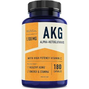 AKG Supplement | 1,100MG Per Serving | 180 Capsules | Alpha Ketoglutarate With Calcium + Vitamin C | For Healthy Aging, Longevity, Energy, and Focus | Vegan, Gluten-Free, Non-GMO, Third-Party Tested