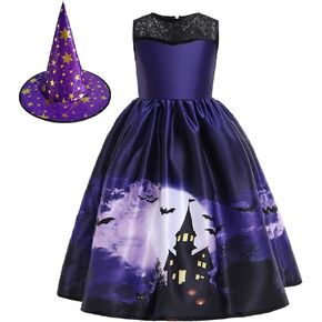 MYRISAM Kids Girls Halloween Costume Dress w/Witch Hat Ghost Pumpkin Skull Printed Fancy Dress Up Cosplay Party Outfits in Kuwait