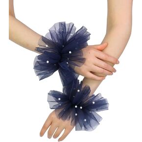 QRBTSCL Women's Mesh Tulle Fingerless Gloves Short Pearl Glove Lace Arm Sleeves for Wedding Bridal Dance Party