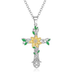 Cross Necklace for Women, S925 Sterling Silver Sunflower Necklace For Women with Dainty Religious Flower Pendant Christian Birthday Jewelry Gift for Women,Teen Girls