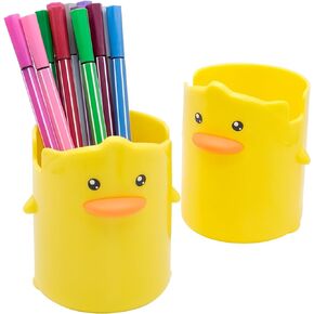 2 Pcs Pencil Holder for Kids, Cute Cartoon Little Yellow Duck Pen Holder, Multifunctional Phone Holder Makeup Brush Holder Stationery Storage Cup