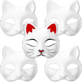 MAGICLULU 5 قطع قناع القط أقنعة تيريان DIY قناع الورق الأبيض قناع الثعلب الفارغ قناع الوجه المرسوم يدويًا قناع الهالوين قناع الحيوان نصف الوجه حفلة تنكرية