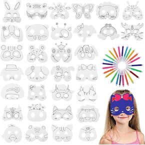 32 قطعة من أقنعة الحيوانات DIY من توياندونا، أقنعة حيوانات المزرعة، أقنعة جرافيتي ورقية فارغة، أقنعة تلوين حيوانات الغابة مع 24 قطعة من أقلام الألوان المائية للأطفال في حفلات عيد الهالوين التنكرية