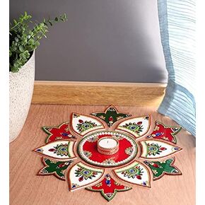 Itiha White Red Green 13 Pieces Rangoli Indian Decor for Wall Decoration, Floor Decoration & Table Decoration for Diwali & Christmas with Tea Light Candle Holder (15 inches * 15 inches)