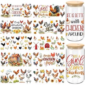 UV DTF Cup Wrap - 10 Sheets Chicken UV DTF Cup Wraps for 16 OZ Farm UVDTF Cup Wraps Animal UV DTF Wraps Waterproof UV DTF Stickers for Glass Cups