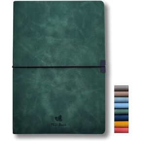 Writing Journal Notebook, College Ruled/Lined, A5, 5.8x8.3", Premium Faux Leather Soft Cover, Fine Thick Paper, Sewn Bound, Inner Pocket, Elastic Closure Wrap, Pen Loop, Lays Flat, Green