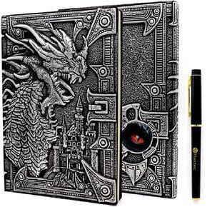 Haxtec DND Notebook 3D Embossed Silver Dragon Leather Campaign Journal Notebook W/Pen, Fantasy Journal for TTRPG Dungeons and Dragons GM & Player Gifts A5 Antique Iron Silver