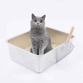 Stainless Steel Cat Litter Box Metal Litter Tray with Cat Litter Scoop Easy to Clean Cat Litter Basin Pan for Odor Control for Cats Rabbits 17.7"x13.8"x6"