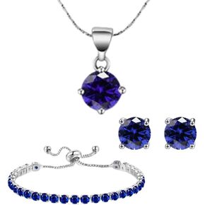 18K White Gold 3 Set Created Blue Sapphire Round Necklace, Earrings And Tennis Bracelet Plated
