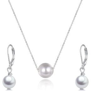 POPLYKE Freshwater Cultured Pearl Pendant Necklace Earrings Set 925 Sterling Silver Jewelry Gifts For Women（White Gold）