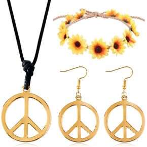 choice of all 4 Pieces Peace Sign Necklace Sunflower Headband Adjustable Hippie Necklaces Hippie Pendant Earring Jewelry