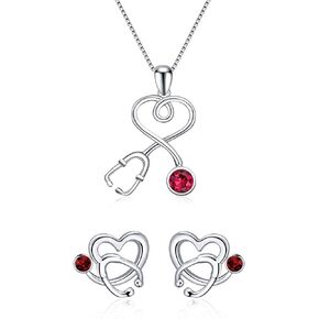 AOBOCO Sterling Silver Stethoscope Jewelry Nurse Necklace and Earrings Set with Simulated Ruby Birthstone Crystals from Austria, Medical Student RN Registered Nurse Gifts for Women