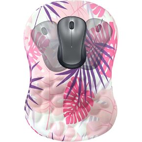 Ergonomic Mouse Pad Wrist Support,Large Desk Mat Gaming Mouse Pad12x8 inch Integrated Memory Foam 8°Slope Massage Design,Wrist Rest Mousepad（Pink-Tropical Leaves）