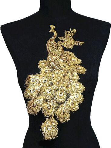 قوس قزح الأزرق الأخضر الذهب الترتر ريشة الطاووس الطاووس خياطة الحديد على بقع شارات مطرزة يزين DIY بها بنفسك الزفاف مساء فستان ديكور الحرفية (الذهب) in Kuwait