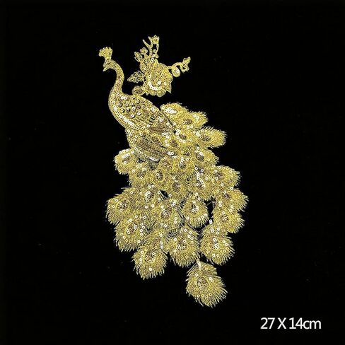 قوس قزح الأزرق الأخضر الذهب الترتر ريشة الطاووس الطاووس خياطة الحديد على بقع شارات مطرزة يزين DIY بها بنفسك الزفاف مساء فستان ديكور الحرفية (الذهب) in Kuwait