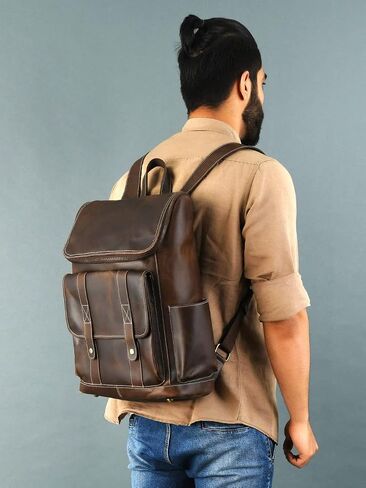 Gratlin Buffalo Leather Backpack for Men & Women | Multi Pocket Laptop Backpack | Vintage Brown Leather Rucksack for Travel & Trekking in Saudi Arabia