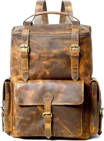 Gratlin Buffalo Leather Backpack for Men & Women | Multi Pocket Laptop Backpack | Vintage Brown Leather Rucksack for Travel & Trekking in Saudi Arabia